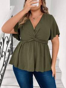 Flirla 大码女式夏季纯色V领胸前扭纹荷叶边短袖衬衫荷叶边上衣 - 軍綠色 - 查看 1