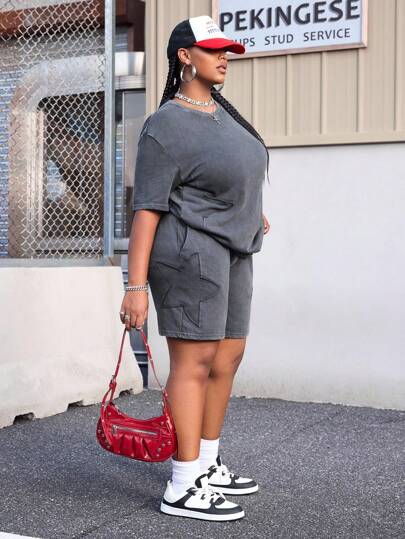 Street Life Plus Size Women Summer Casual Street Star Patchwork Short Sleeve T-Shirt And Drawstring Waist Shorts 2 Pieces Set