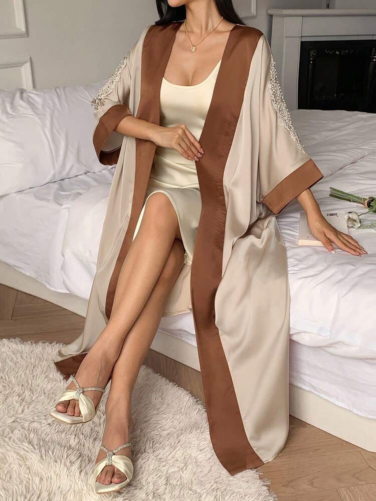 Women's Colorblock Splice Sleeve Floral Lace Trim Loose Robe, Fall Pajama