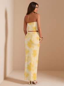 SHEIN BAE 2 piezas Conjunto/Atuendo de mujer para el verano y la playa, estampado floral amarillo, apropiado para resort de isla, fiesta de cumpleaños, festival de música - Amarillo - Ver 2