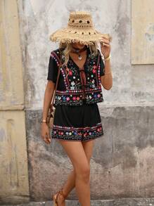 Brillora 2pcs/Set Women Casual Floral Print Shirt And Shorts Set, Suitable For Holiday,BOHO,Summer Sets - Black - View 1