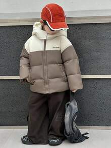 DAZY Toddler Boys' Color Block Korean Style Hooded Padded Coat, Winter Street Wear - Coffee Brown - View 9