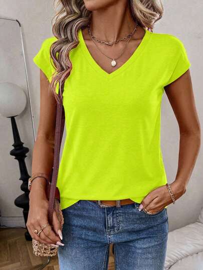 SHEIN LUNE Camiseta de manga corta de escote en V de unicolor casual de verano