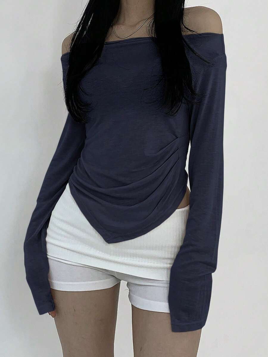 DAZY Maglietta casual da donna con spalle scoperte, tinta unita, orlo asimmetrico, autunnale, abbigliamento back to school, maniche lunghe, top da donna, abbigliamento autunnale da donna