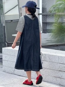 Dazy Kids 2pcs Kids Fall Clothes Set: Tween Girls Striped Short Sleeve Crew Neck T-Shirt + V-Neck Sleeveless Denim Dress - Multicolor - View 3