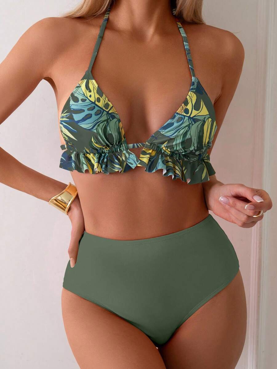 Swim Vcay 女式印花三角形比基尼上衣和纯色高腰泳裤套装