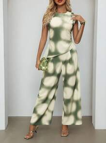 Xyvia 1套女春夏优雅休闲扎染印花圆领收腰不对称下摆短袖修身衬衫+女春夏优雅休闲扎染印花松紧腰阔腿宽松裤 - 彩色 - 查看 1