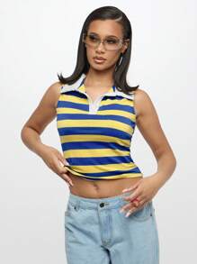 SUMWON WOMEN Classic Retro Style Sleeveless Rugby Top Preppy Varsity Collar Vest Summer Spring Casual Sporty Tank - Multicolor - View 3