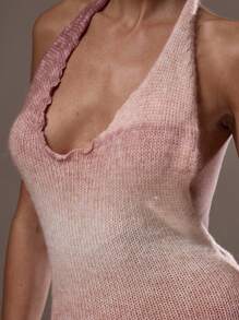 MUSERA Knit Plunge Halterneck Lettuce Hem Ombre Knit Fitted Low Back Mini Sweater Dress Ibiza Sexy Vacation Holiday Spring Summer Festival Beachwear Elegant Birthday Rave Night Out Party Evening Party Elegant Christmas