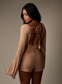 MISSGUIDED 喇叭袖连体裤 波西米亚风 夏季节日 弹力蕾丝连身裤 露背设计 喇叭荷叶边袖口 方领 晚宴派对 休闲服 - 卡其色 - 查看 2