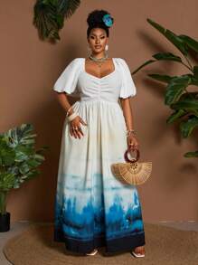Maweii Plus Size Women Elegant Puff Sleeve V Neck Cinched Waist Party Dress - Multicolor - View 4