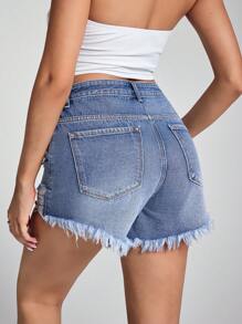 SHEIN Unity Casual Distressed Fringed Denim Shorts - Medium Wash - View 2