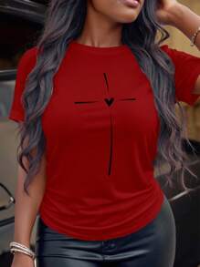 Maweii 大码休闲简约心形印花圆领短袖 T 恤 - 酒紅色 - 查看 1