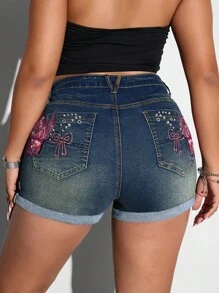 Jeanoix 大码休闲水洗刺绣弹力袖口牛仔短裤 - 藍色 - 查看 1