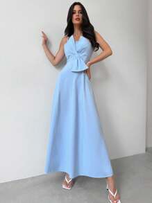 Firerie Women's Elegant Romantic Stylish Bow Decor High Waist A-Line Midi Dress, Sleeveless Strapless Blue Party Dress,  Graduation Dress - Baby Blue - View 6