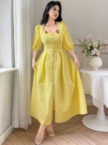 Modelyn 优雅法式复古风V领泡泡袖中长连衣裙，高端奢华气质，黄色