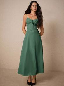 Women's Summer Casual Solid Color Bust Pleated Twist Back Tie Strap Dress, Slim Fit - Green - View 3