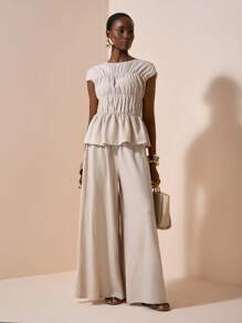 Zivah 2025 夏季新款时尚音乐节/毕业休闲装，学院风，学生日常穿着，百搭休闲海滩度假太阳裙，纹理棉麻面料短袖褶皱下摆衬衫和阔腿裤 2 件套