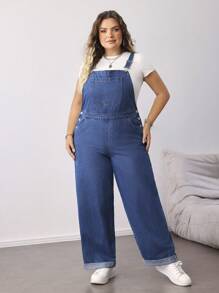 SHEIN CURVE+ Plus Size Blue Denim Jumpsuit Loose Overalls Comfortable Elastic Waist Tapered Pants Design Autumn Casual Wear Back To School Clothes