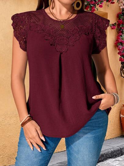 Rosumi Plus Size Women Water-Soluble Lace Tunic Tops Dressy Blouses , Vacation Summer,Going Out Tops,Teacher Shirts