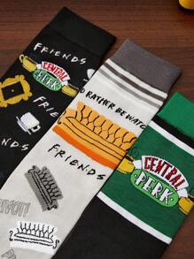 FRIENDS X SHEIN 3 pares de calcetines informales tipo media hasta el tobillo, suaves y transpirables, con diseños de dibujos animados, de color gris y negro de moda, con dedos y talones reforzados para mayor durabilidad, unisex para hombres y mujeres, aptos para todas las estaciones y a juego con cualquier atuendo