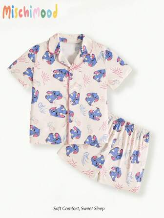 2pcs/Set Toddler Girls' Cute Cartoon Floppy Ear Blue Rabbit Print Short Sleeve Top And Shorts Comfortable Casual Pajama Set