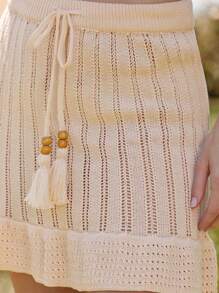 WESTFADE Apricot,Autumn,Boho,Picnic,Holiday Mix Stitch Rib Knit & Pointelle Drawstring Waist Tassel Bow Tie Front Ruffle Tiered Fitted Mini Skirt Cowgirl Beach - Apricot - View 2