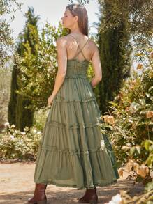 WESTFADE Rayon Crepe Spaghetti Strap Smocked Waist Sleeveless Tiered Raw Edge Flowy Maxi Beach Dress Summer Boho Cowgirl Country Western Concert Outfit Nashville Vacation - Green - View 2