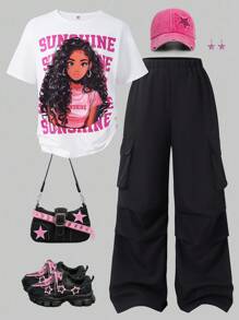 SHEIN Sparklyn 2 件套青少年女孩休闲卡通字母印花 T 恤和工装裤夏季服装 - 彩色 - 查看 1