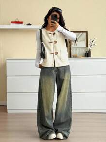 SHEIN EZwear 女式前扣口袋毛绒休闲背心夹克 - 米色 - 查看 5