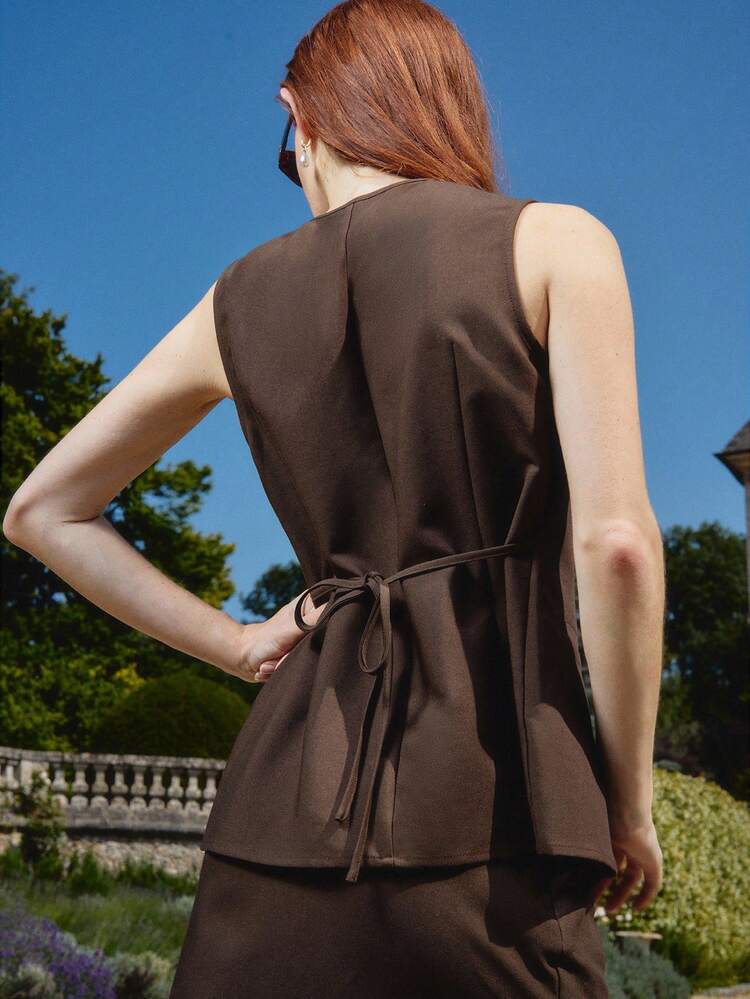 Chic Chocolate Woven Button Front Waistcoat Old Money Style Business Casual Woman Teacher Spring Spring Summer