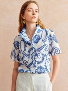 Écloséra French Retro Casual Vacation Blue And White Embroidery Hollow Flower Stand Collar Ruffle Collar Short Sleeve Women's Shirt - Blue and White - View 1