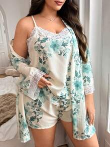 SHEIN Plus Size 3pcs Set: Ruffled Floral Print Spaghetti Strap Top & Shorts & Coat, Fall Clothes - Apricot - View 1