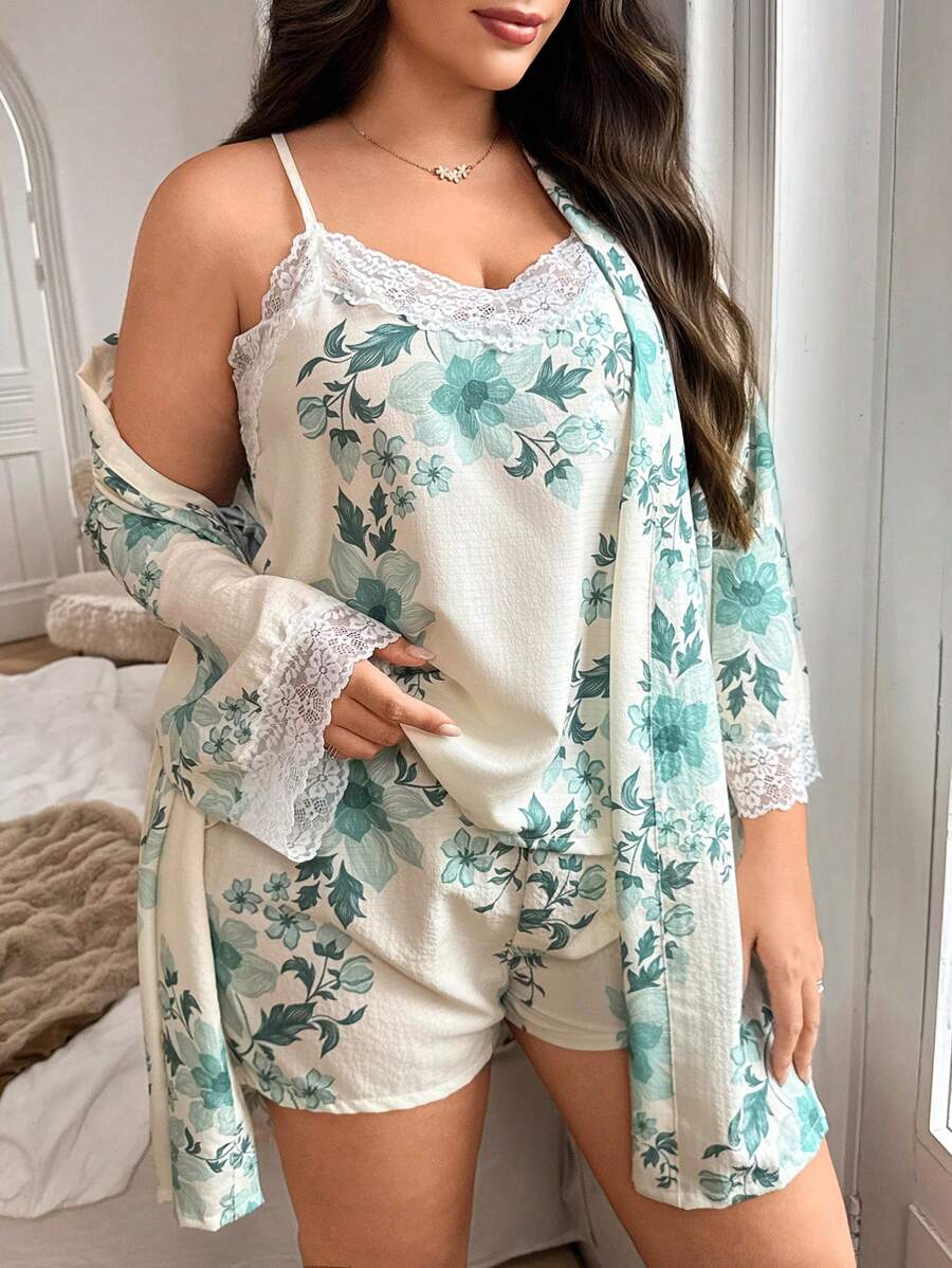 SHEIN Plus Size 3pcs Set: Ruffled Floral Print Spaghetti Strap Top & Shorts & Coat, Fall Clothes - Apricot - View 1