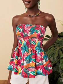 Travachic 女士度假荷叶边下摆热带印花抹胸短款上衣 - 彩色 - 查看 1