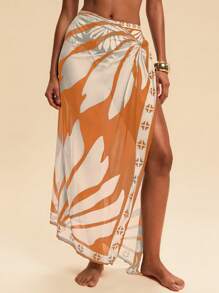 Travachic 女士夏季海滩植物印花性感比基尼套装（含罩衫） - 橘色 - 查看 7