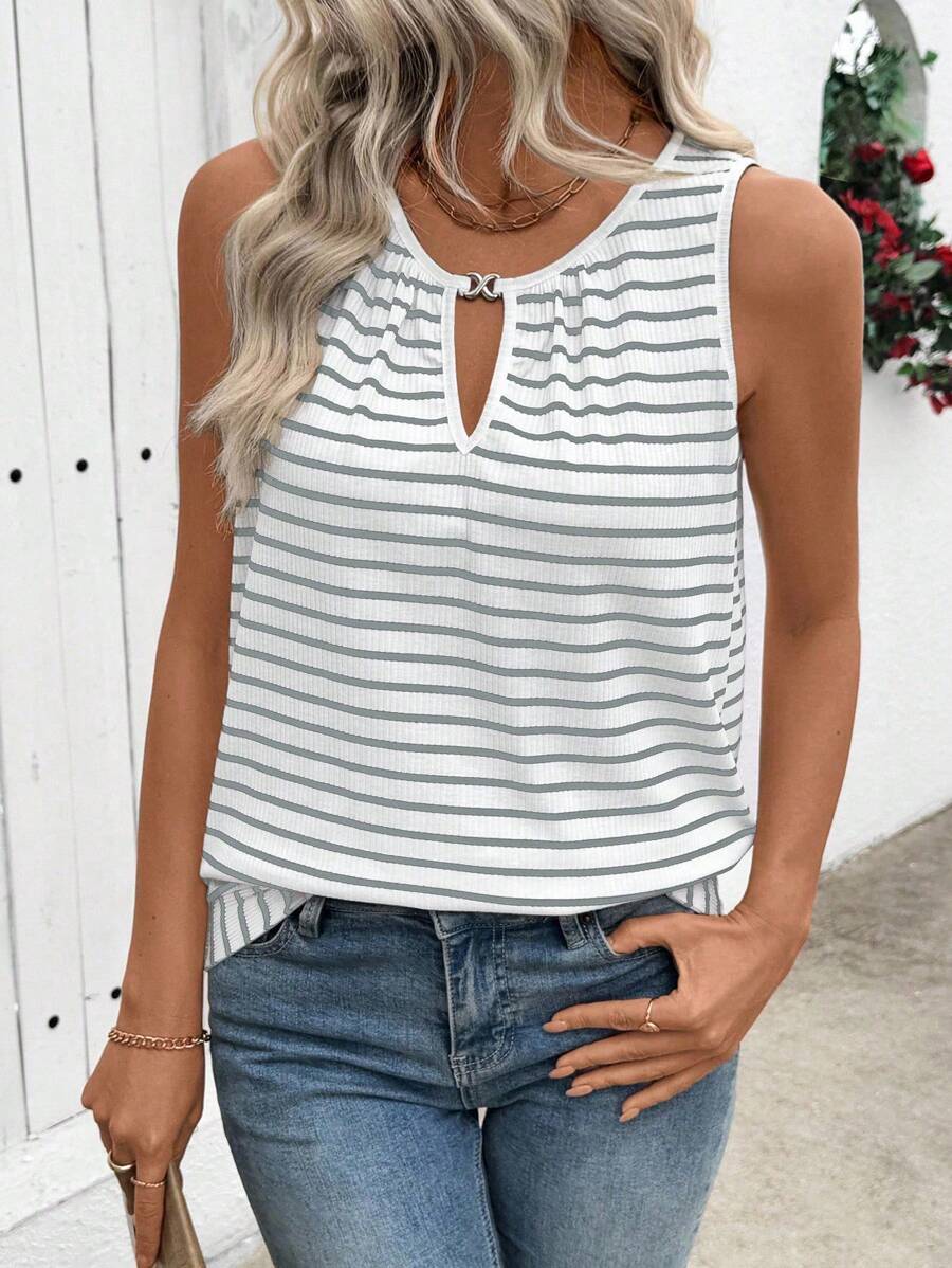 SHEIN LUNE 女士简约优雅条纹刺绣锁孔领吊带背心 - 灰色 - 查看 1