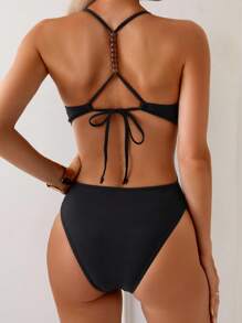 Swim Basics Traje de baño de una pieza con cortes y cuentas para mujer, diseño sexy - Negro - Ver 2