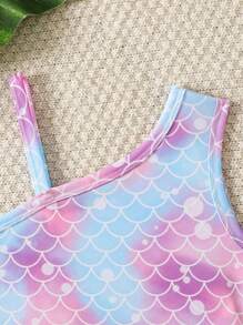 2pcs Girls' Swimwear Set: Mermaid Scale Print Ruffled Spaghetti Strap Swimsuit Top And Mermaid Scale Print Triangle Bikini Bottom, Perfect For Summer Beach Holiday - Multicolor - View 4