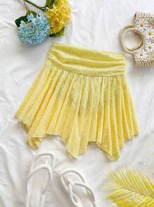 Soleia Women's Holiday Vacation Asymmetric Hem Knitted Mid-Skirt, Goose Yellow Skirt, High Waist Ruched A-Line Skirt, Summer Skirt, Graduation, Wedding Season Wear, Perfect For Vacation,Resort Wear