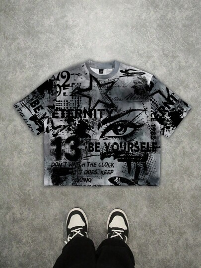 Manfinity ZONE917 Camiseta de manga corta con estilo urbano, suelta y con estampado grande de graffiti para hombres