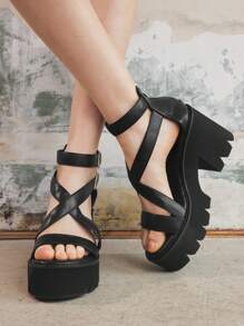Women's Thick-Sole Black Sandals, Open-Toe Chunky Heels With Ankle Strap And Back Zipper, Durable Rubber Outsole, Multi-Functional Casual Shoes For All Seasons - Black - View 2