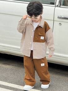 SHEIN Little Byeori 2pcs/Set Young Boys Comfy Casual Loose Fit Korean Style Fashionable Striped Long Sleeve Shirt & Pants Set, Suitable For Daily Wear, Sports, Outings, School, Gatherings, Holidays, Photoshoots, Back-To-School Season, All Seasons, Boys Two Piece Outfit Set, Kids Striped Shirt Set, Brown Boys Clothes Set, Toddler Boy Clothes Brown Pants, Boys Korean Fashion Outfit, Boys Two Piece Casual Outfit, Boys Brown Pants And Striped Shirt Set Fall Winter