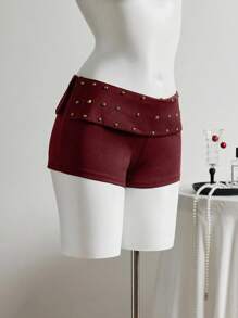Elamini Minifalda short asimétrica de cintura baja con diseño de remaches - Óxido marrón - Ver 3