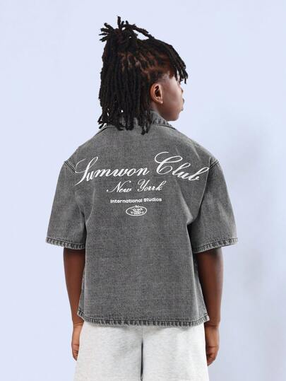  Sumwon Club International Studios Denimskjorta med knappar, kortärmad, boxig, avslappnad streetstyle för tween-pojkar