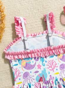 Baby Girl Marine Life Print One-Piece Swimsuit For Beach Vacation - Pink - View 4