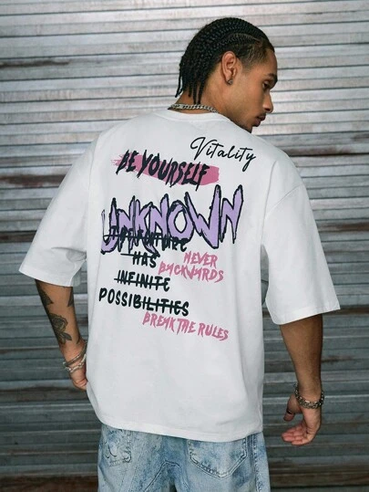 AXEPEAK Oversized Men's Slogan Graphic Drop Shoulder T-Shirt