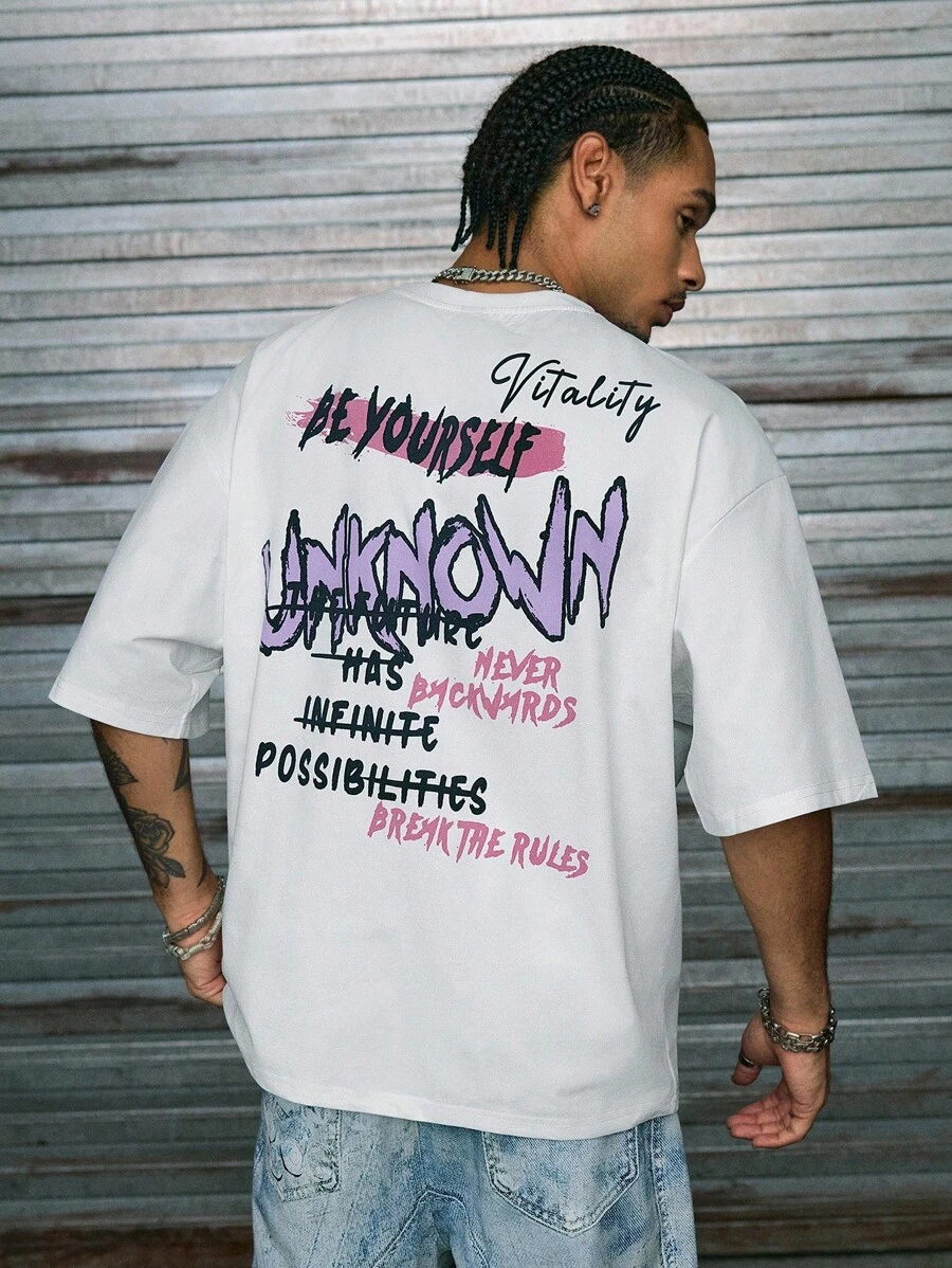 AXEPEAK 超大号男式标语图案落肩T恤 - 白色 - 查看 1