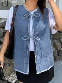 Dazy Plus Light Colored Distressed Sleeveless Tie Up Denim Vest