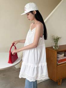 DAZY Ladies' Solid Color Simple Casual Camisole,Ruffle Babydoll Top - White - View 8